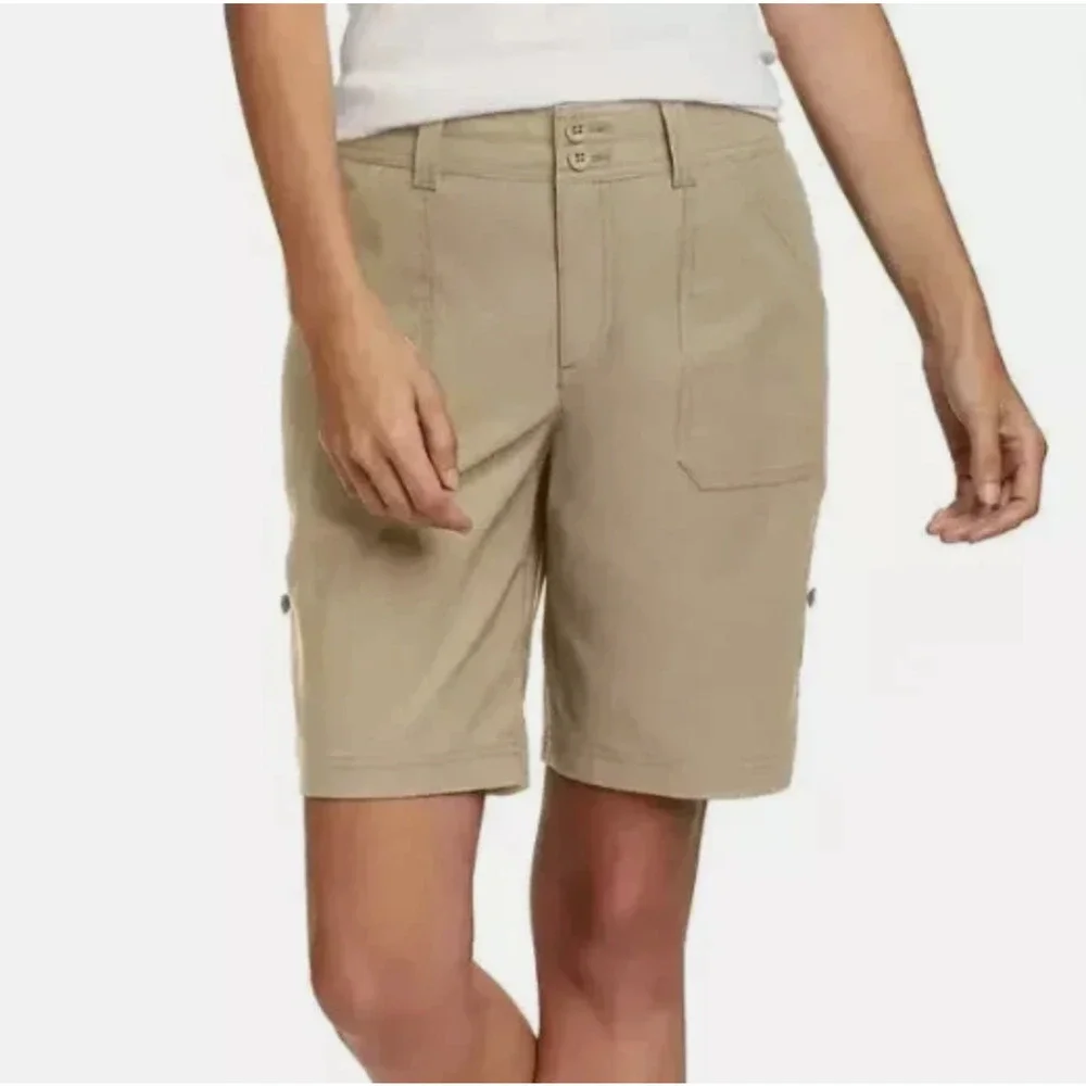 NWT Women’s Eddie Bauer Khaki Shorts Rolled Hem Bermuda Size 12 UPF 50 Pockets